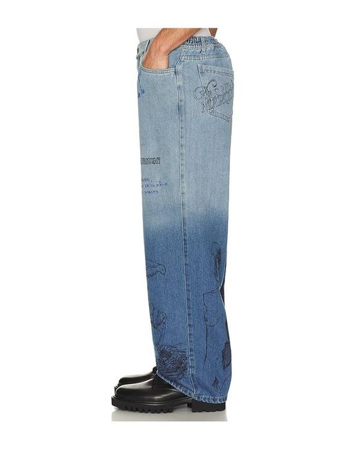 Pas Une Marque Blue Sketch Print Denim Pants for men