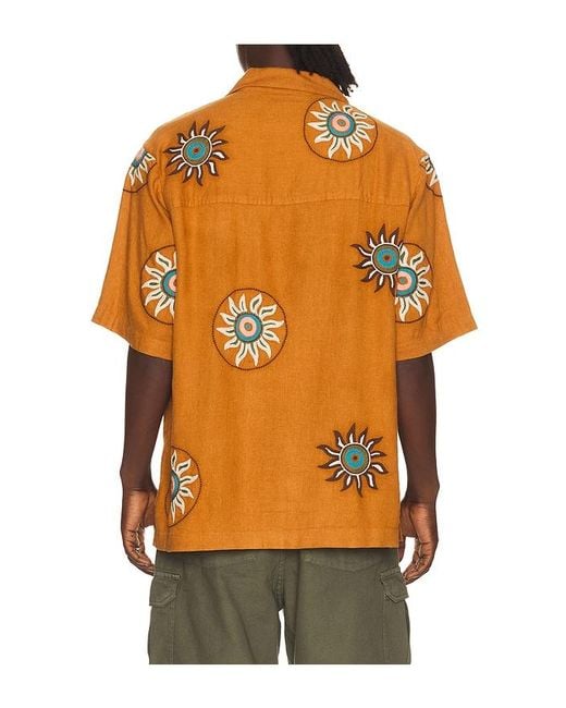 Scotch & Soda Orange Embroidered Linen Relaxed Fit Short Sleeve Shirt for men