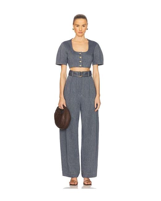 Matthew Bruch Blue Apron Puff Sleeve Crop Top
