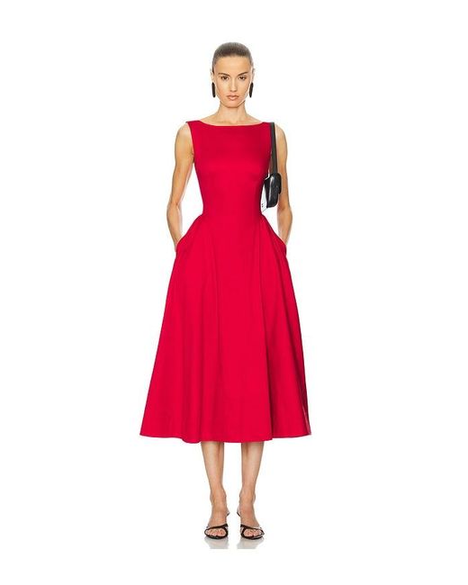 Helsa Red Stretch Cotton Sateen Midi Dress