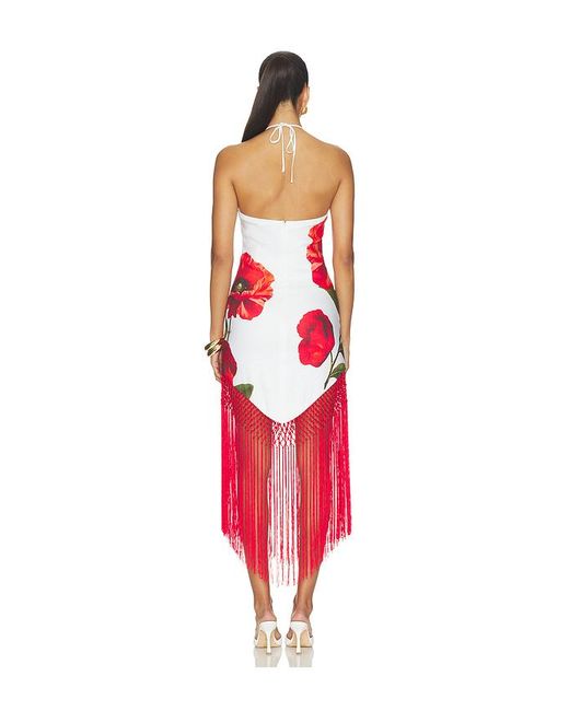 Alice + Olivia Red Mallory Halter Neck Fringe Hem Midi Dress
