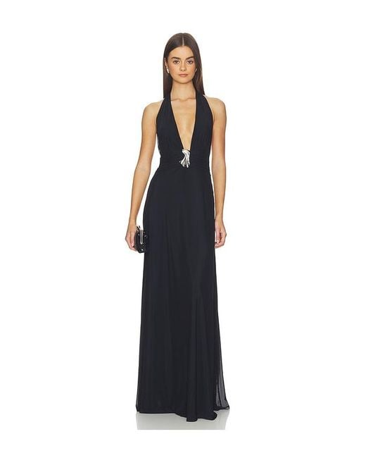 Kate Barton Blue Plunge Neckline Mesh Halter Dress