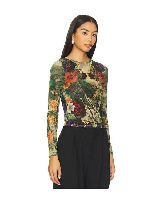 Alice + Olivia Black Delaina Printed Mesh Long Sleeve Crop Top