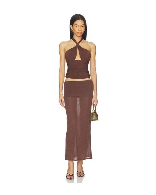 Mimchik Brown Piper Knotted Halter Top