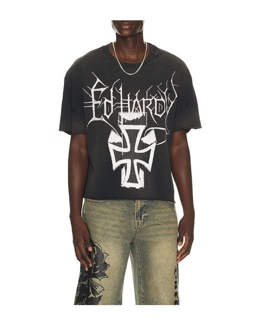 Ed Hardy Black By Appointment Only Cross Cropped Boxy Tee for men