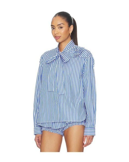 AKNVAS Blue Flor Poplin Stripe Shirt With One Rose