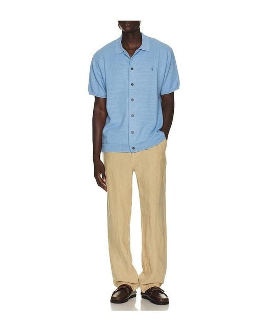 Polo Ralph Lauren Blue Short Sleeve Cotton Blend Textured Cardigan Sweater With Collar for men