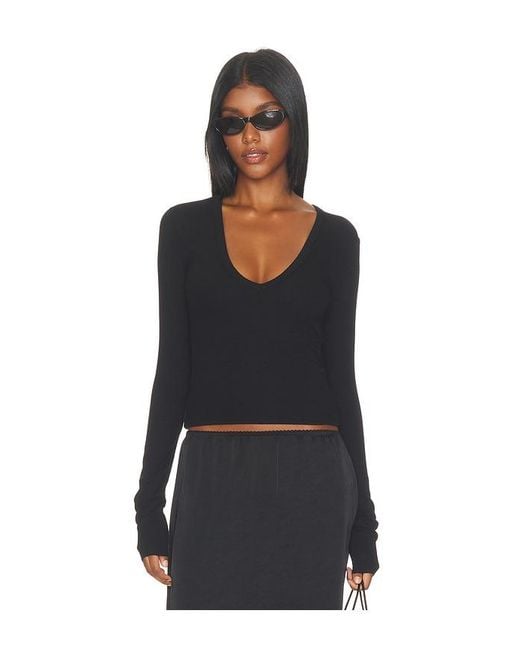 ÉTERNE Black Butter Rib Long Sleeve V-Neck Top