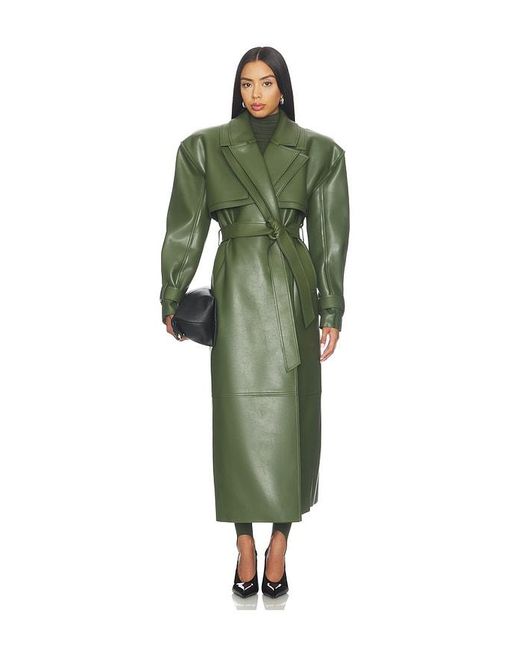 Naked Wardrobe Green Faux Leather Dual Collar Trench Coat