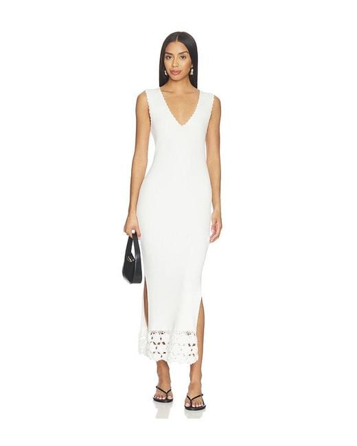 Ganni White Fine Cotton Rib Crochet V-Neck Dress