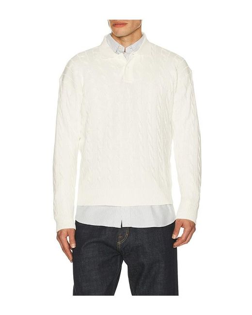 Polo Ralph Lauren White Long Sleeve Garment Dyed Cable Knit Polo Sweater Relaxed Fit for men