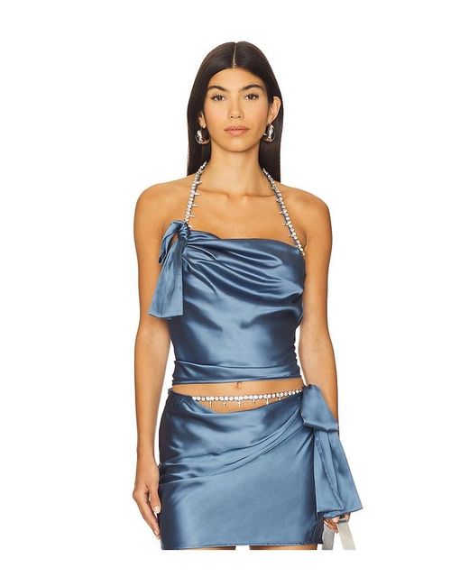 Area Blue Crystal Embellished Satin Halter Top