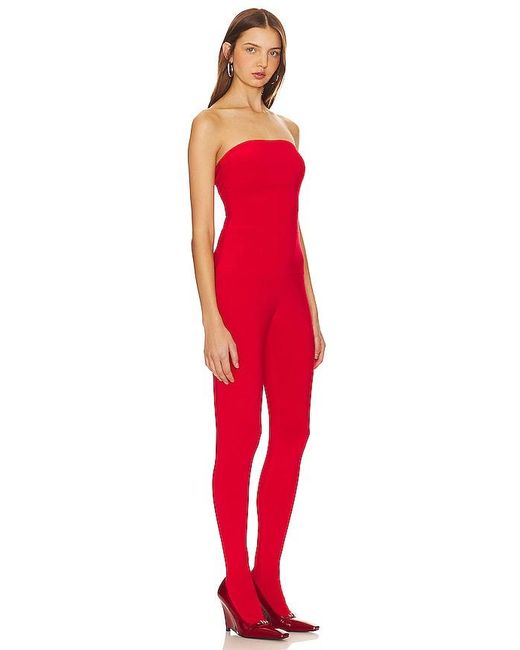 Norma Kamali Red Strapless Catsuit With Footsie
