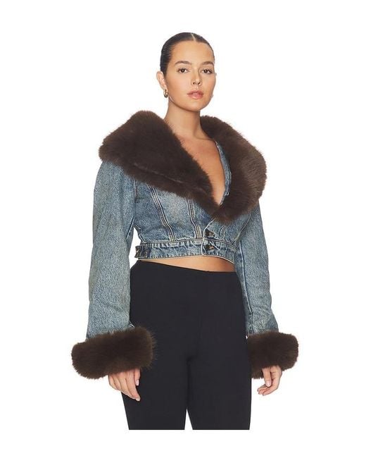 AFRM Black The Low Neck Denim Jacket With Faux Fur