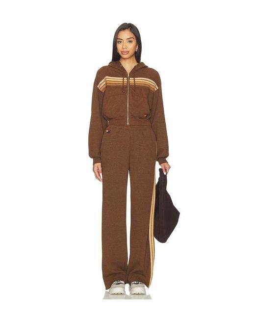 Aviator Nation Brown 5 Stripe Cropped Zip Hoodie