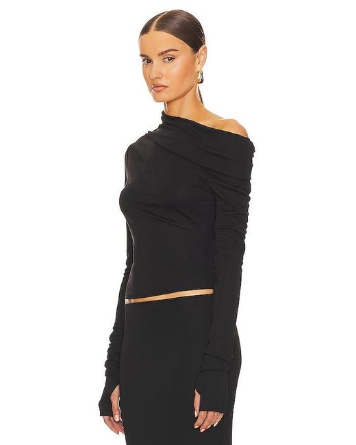 Helsa Black Matte Jersey Drape Shoulder Top