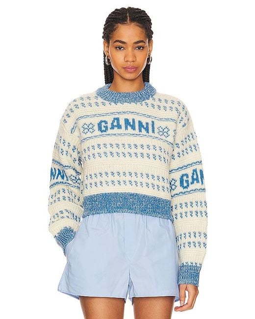 Ganni Blue Cropped O-neck Sweater