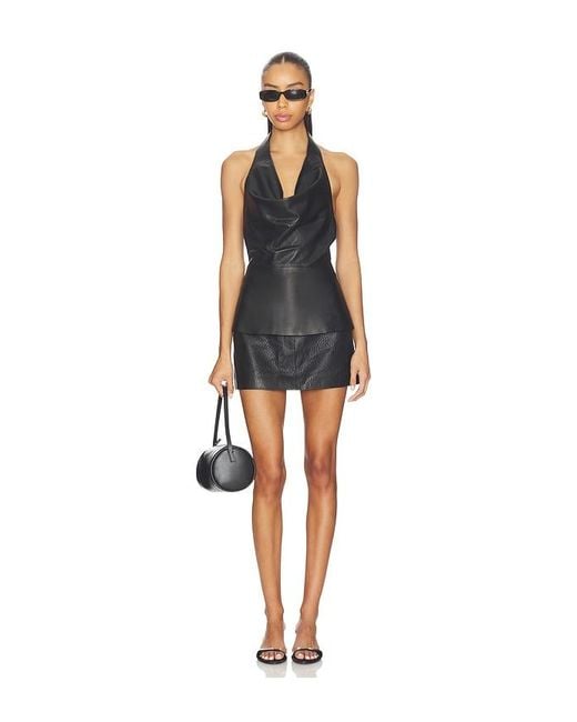 AEXAE Black Leather Cowl Neck Top