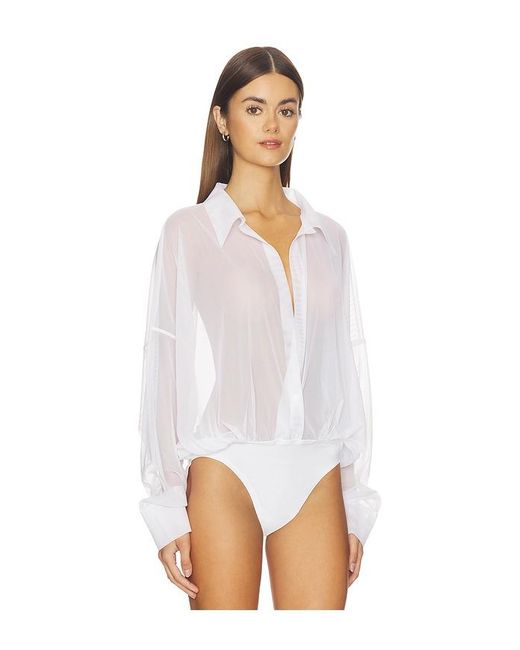 Norma Kamali White Super Oversized Boyfriend Shirt Bodysuit