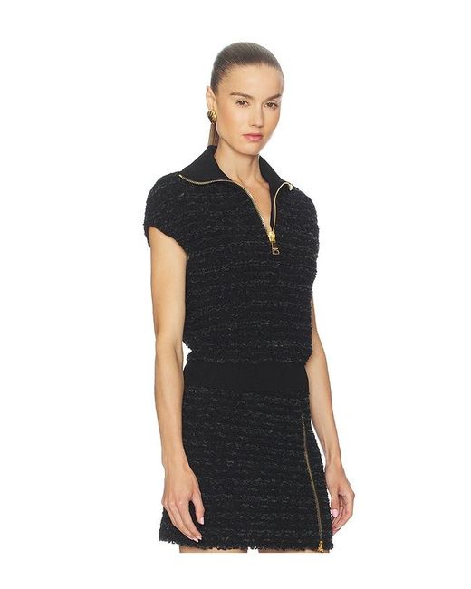 Balmain Black Zipped Short Sleeve Tweed Top