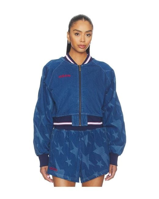 Adidas Originals Blue Superstar Denim Graphic Varsity Bomber Jacket