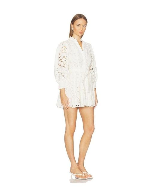 Alice + Olivia White Lucy Embroidered Longsleeve Mini Shirt Dress With Tie Belt