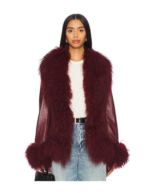 Susanna Chow Red Dorothy Leather Coat With Fur Trim