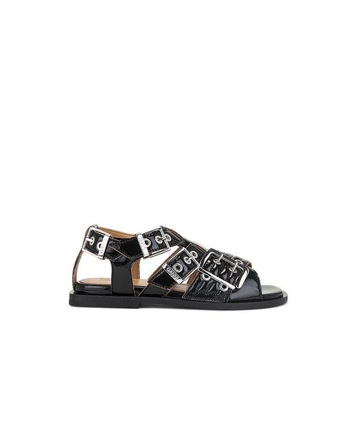 Sandalia De Tiras Planas Con Hebilla En Feminine En Talla En Ganni de color Black