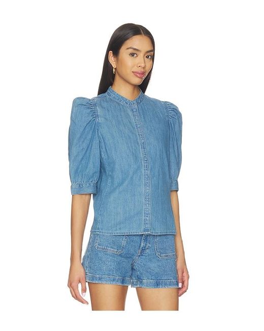 Madewell Blue Denim Puff Sleeve Band Collar Shirt