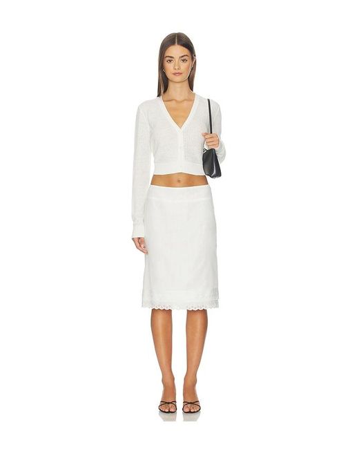 Enza Costa White Linen Open Knit Cropped V-Neck Cardigan