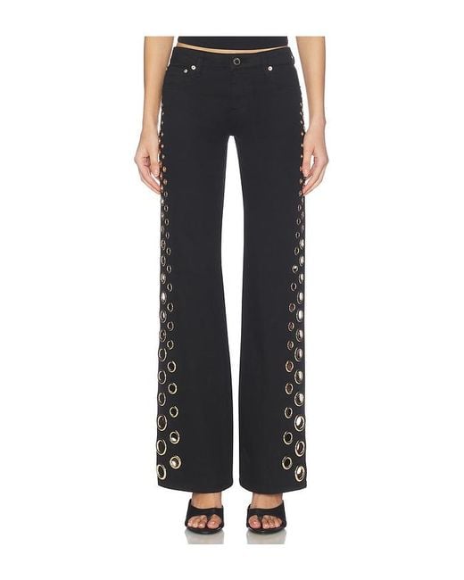 Alice + Olivia Black Roxie Low Rise Straight Flare Full Length Jean With Grommets