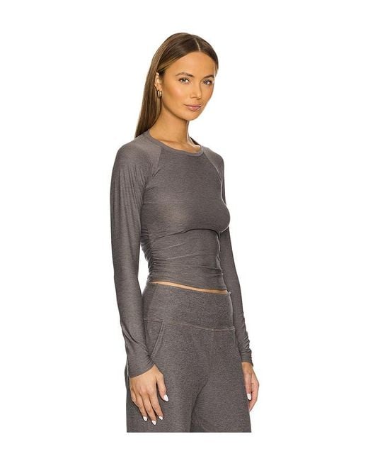 Beyond Yoga Brown Featherweight Your Fit Shirred Long Sleeve Top