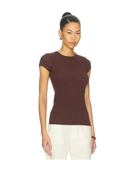 Enza Costa Brown Textured Rib Cap Sleeve Crew