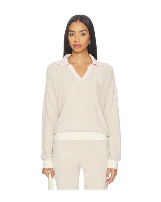 Barefoot Dreams Natural Cozy Chic Ultra Lite Color Block Heart Collared Pullover