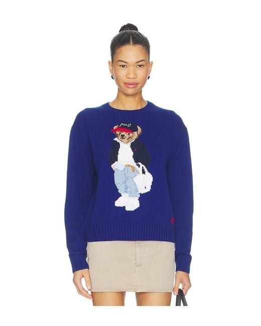 Polo Ralph Lauren Blue Cotton Bear Crew Neck Pullover Sweater