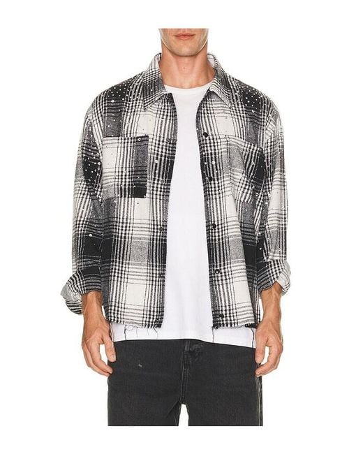 Ryoko Rain Gray Button Up Rhinestone Flannel for men