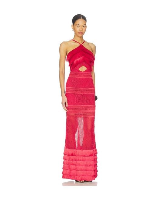 PATBO Red Radiant Fringe Halterneck Maxi Dress