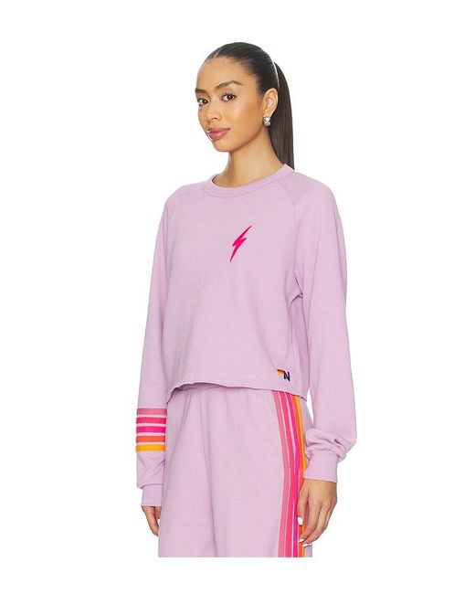Aviator Nation Pink Bolt Rugby Stitch Cropped Crew Sweatshirt