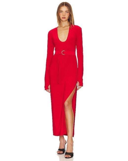 Norma Kamali Red Long Sleeve Deep U Neck Side Slit Gown