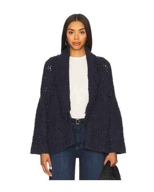 Autumn Cashmere Blue Southwest Fringed Shawl Collar Throw Jacket
