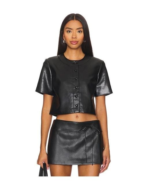 Amanda Uprichard Black Button-Front Faux Leather Top