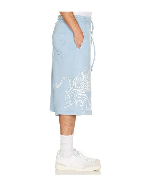 True Religion Blue Tiger Script Mikey Fleece Shorts for men