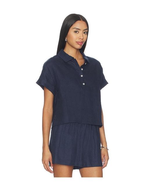 PERFECTWHITETEE Blue Linen 1/4 Button Down Collared Tee