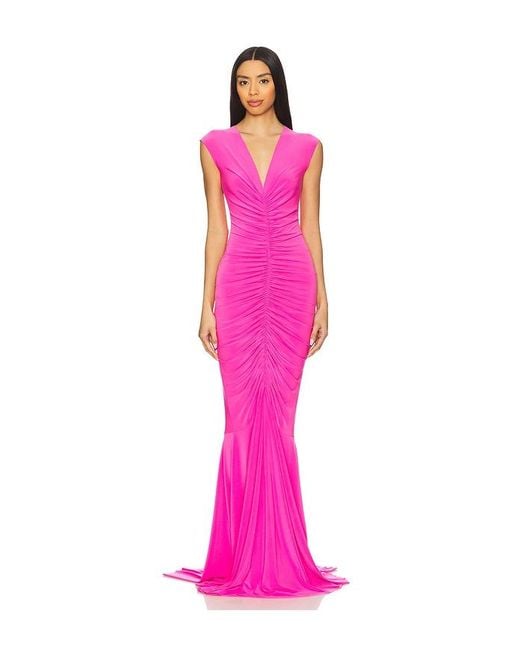 Norma Kamali Pink X Revolve Sleeveless Deep V Neck Shirred Front Fishtail Gown