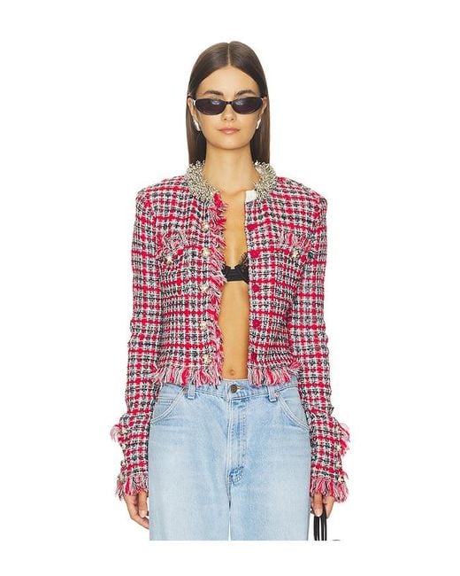 Self-Portrait Red Check Frayed Knit Jacket