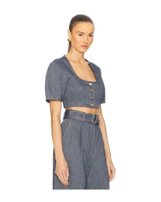 Matthew Bruch Blue Apron Puff Sleeve Crop Top