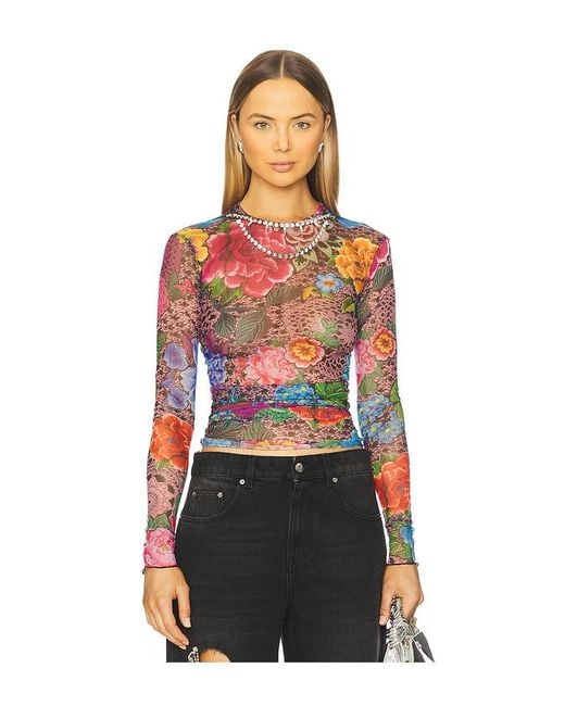 Crystal Embellished Printed Tulle Long Sleeve Top En Color Negro Talla (También En M, S, Xs) Area de color Red