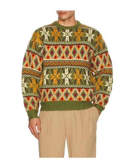 Beams Plus Green Crew Fair Isle Pattern 3G Sweater for men