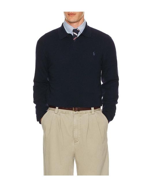 Polo Ralph Lauren Blue Lux Merino Johnny Collar Sweater for men