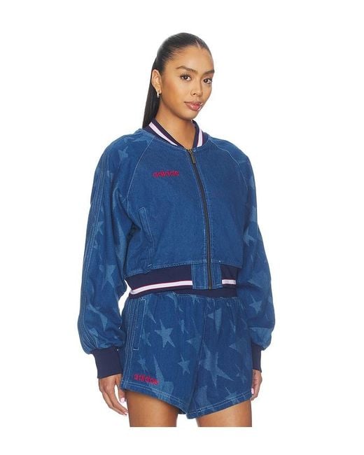 Adidas Originals Blue Superstar Denim Graphic Varsity Bomber Jacket